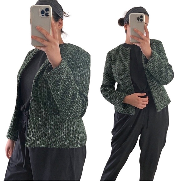TALBOTS Collarless Long Sleeve Tweed Blazer Jacket Green Sz 6 - Picture 1 of 8
